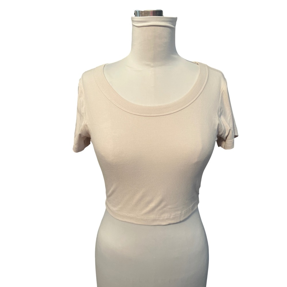 Zenana Ribbed Short Sleeve Scoop Neck Crop Top Sand Beige RRT-8492A5 Large‎